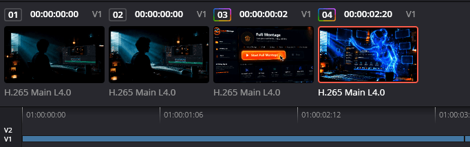 Лента Clips на странице Color в DaVinci Resolve