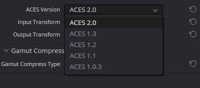 Выбор версии ACES в DaVinci Resolve