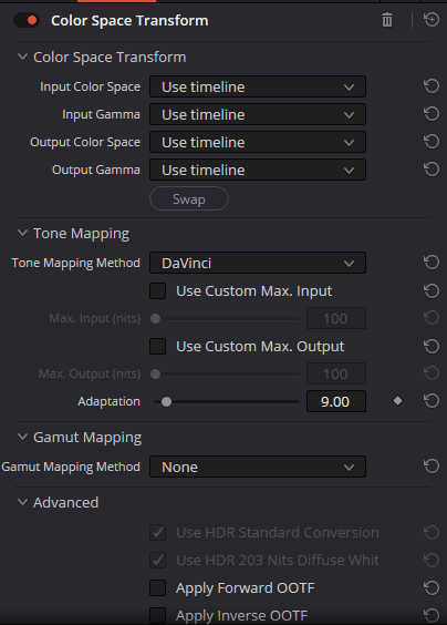 Панель Color Space Transform в DaVinci Resolve