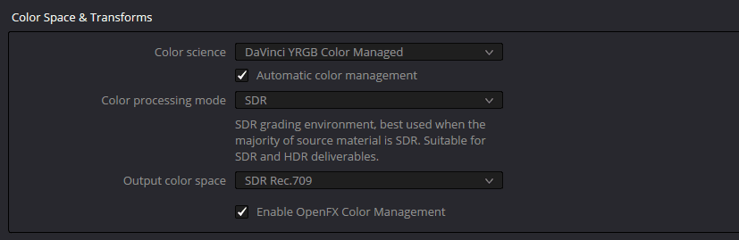 DaVinci YRGB Color Managed в Project Settings