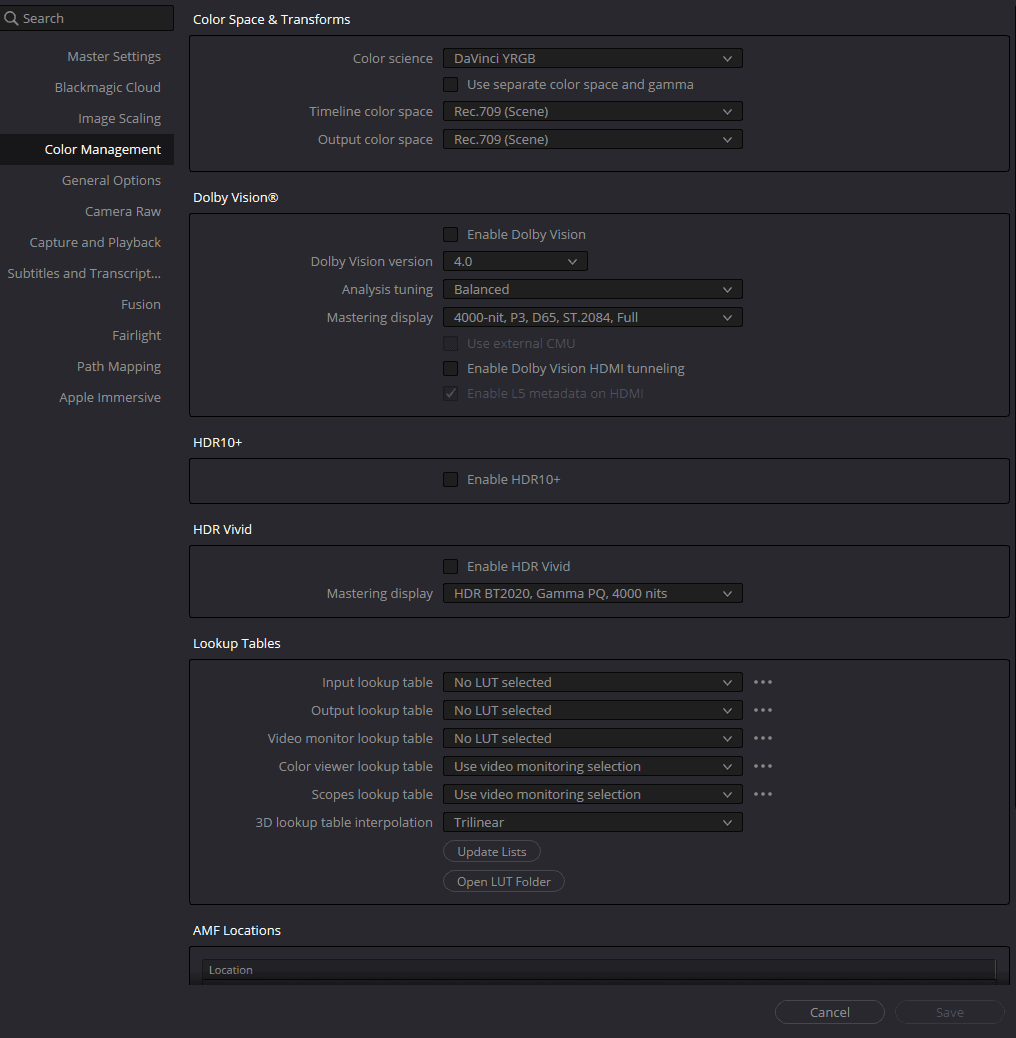 Project Settings Color Management в DaVinci Resolve