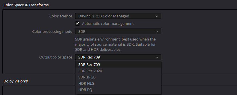 Output Color Space в managed workflow Resolve
