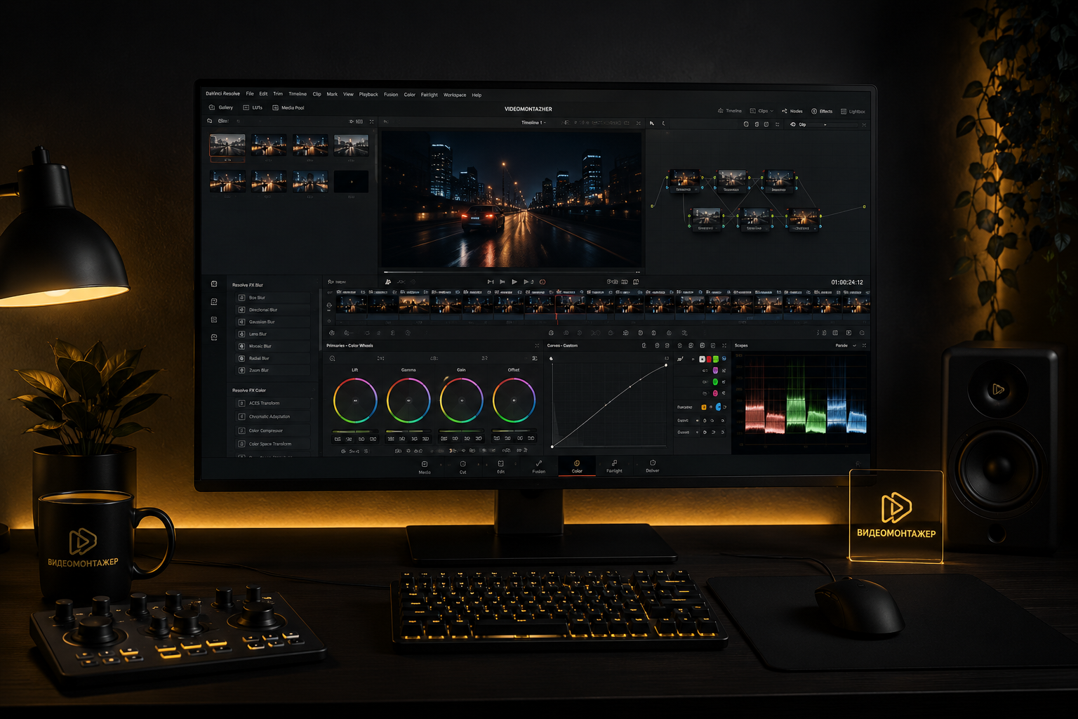 Рабочий стол видеомонтажёра с интерфейсом DaVinci Resolve на мониторе
