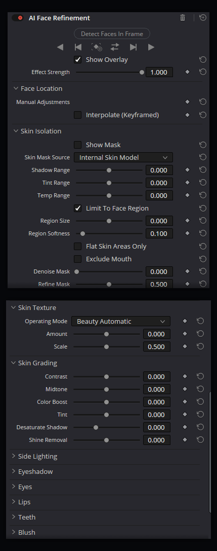 AI Face Refinement · full Inspector panel