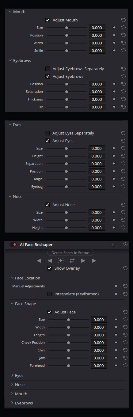 AI Face Reshaper · полная панель Inspector