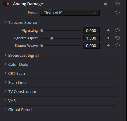 Analog Damage · full native Resolve panel