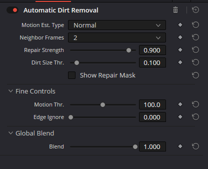 Automatic Dirt Removal — вся панель Resolve 21