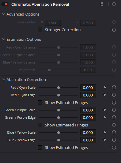 Chromatic Aberration Removal — full Resolve 21 panel