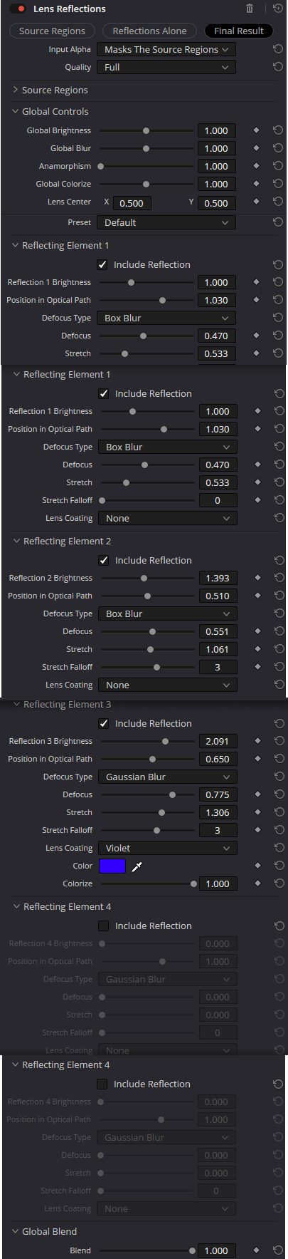 Lens Reflections · полная панель Resolve 21