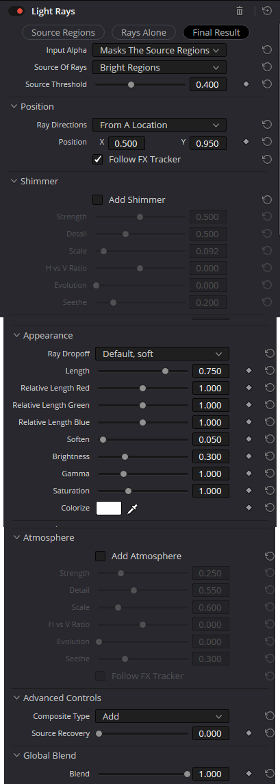 Light Rays · full Resolve 21 panel