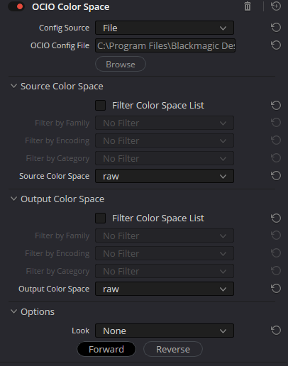 Full OCIO Color Space panel