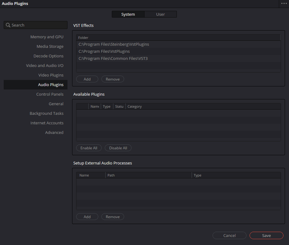 Preferences → System → Audio Plugins