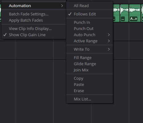 Меню Fairlight → Automation в Resolve 21