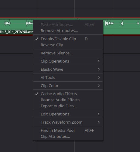 Контекстное меню с активным Cache Audio Effects