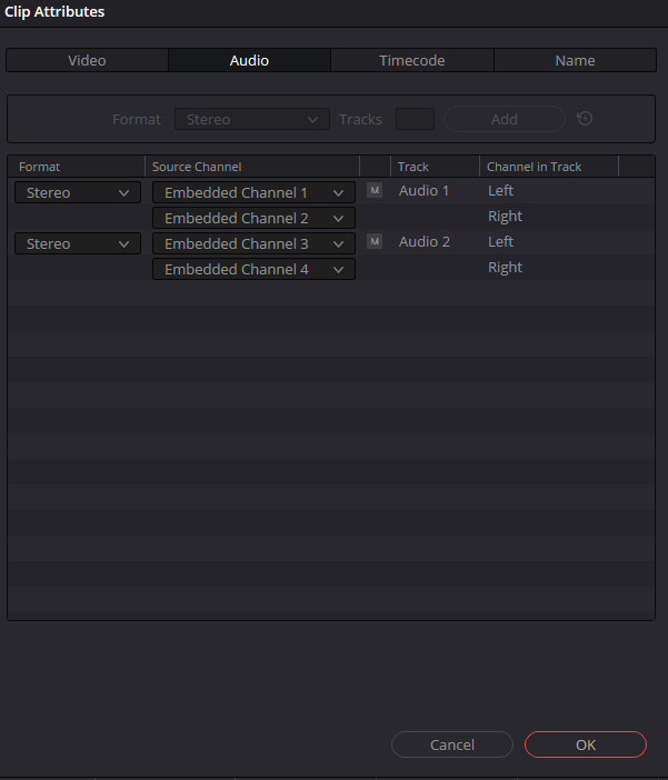 Clip Attributes → Audio в Resolve 21