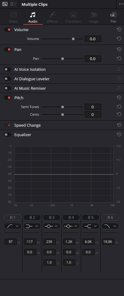 Inspector → Audio для выбранных клипов