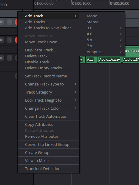 Меню дорожки Fairlight → Change Track Type To