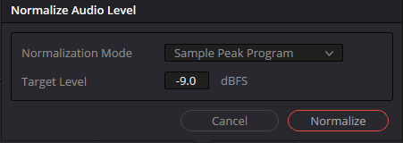 Диалог Normalize Audio Level в Resolve 21