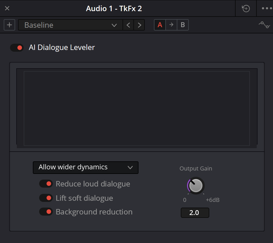 Интерфейс AI Dialogue Leveler в Resolve 21