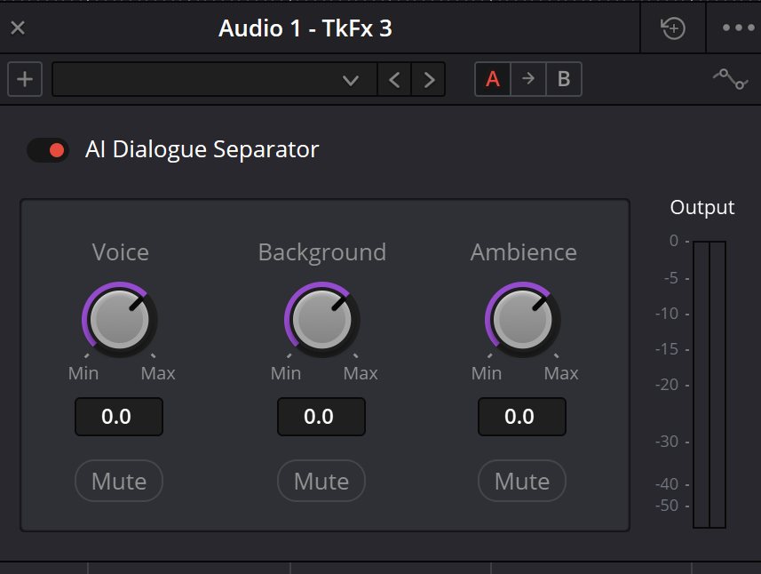 Интерфейс AI Dialogue Separator в Resolve 21