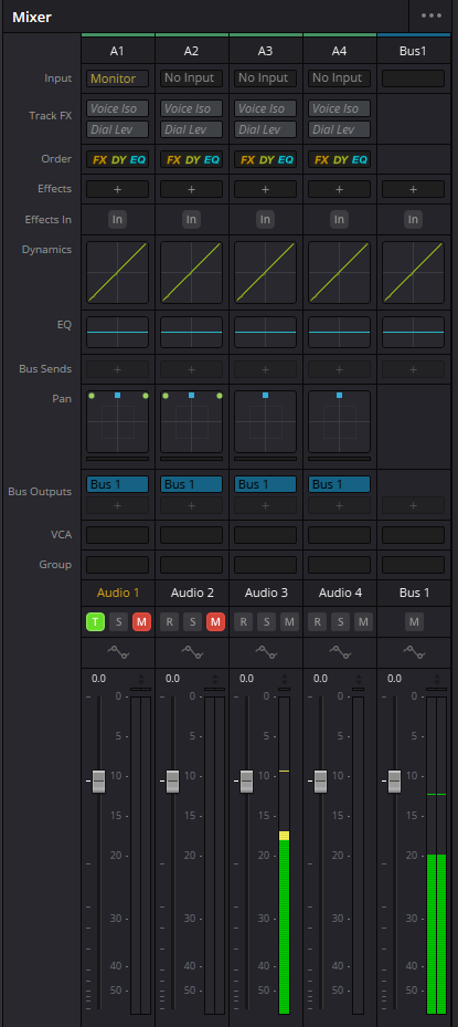 Активные track meters и Bus 1 в Mixer