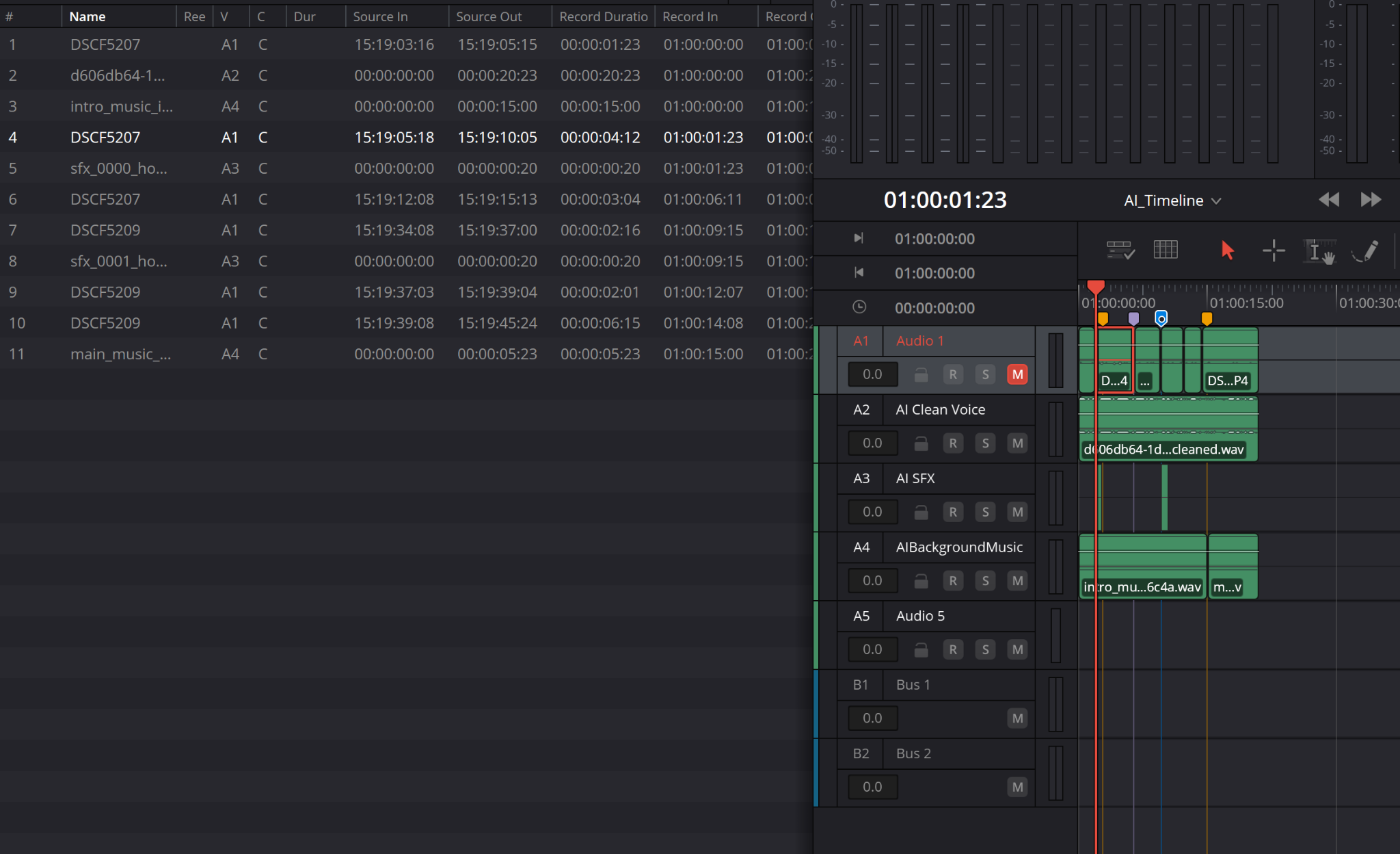 Edit Index рядом с размеченным Fairlight timeline