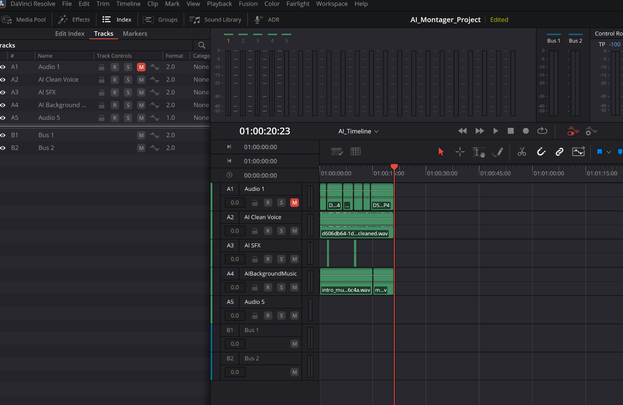 Вкладка Tracks внутри живого Fairlight layout