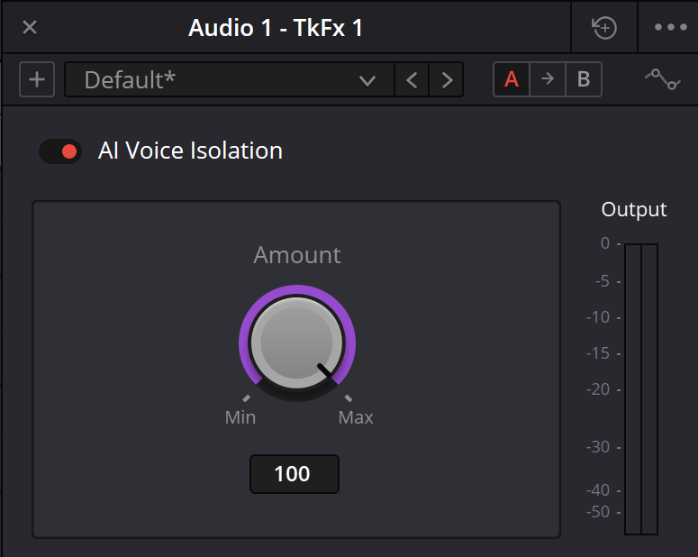 Интерфейс Voice Isolation в DaVinci Resolve 21