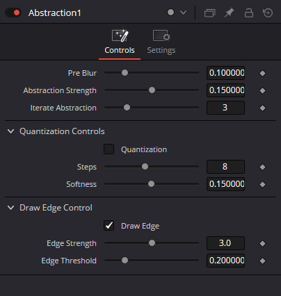 Abstraction Controls в DaVinci Resolve: Pre Blur, Abstraction Strength, Iterate Abstraction, Quantization, Steps, Softness, Draw Edge, Edge Strength и Edge Threshold