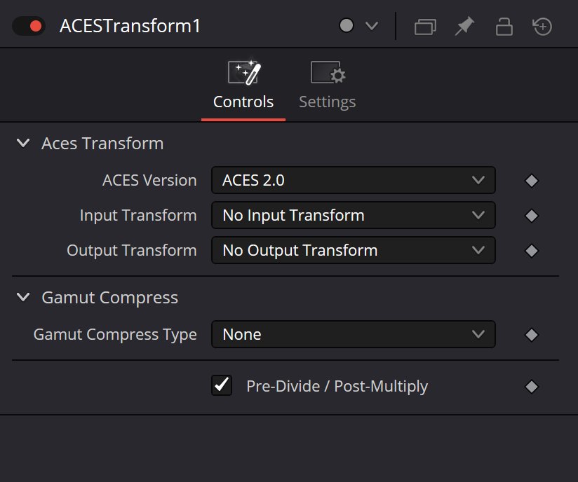 ACESTransform Controls: ACES Version, Input Transform, Output Transform, Gamut Compress and Pre-Divide / Post-Multiply