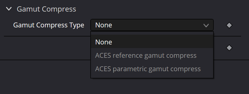 ACESTransform Gamut Compress Type menu: None, ACES reference and ACES parametric