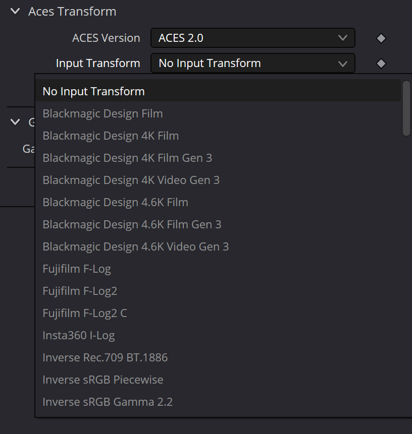ACESTransform Input Transform menu with camera/log and inverse display transforms