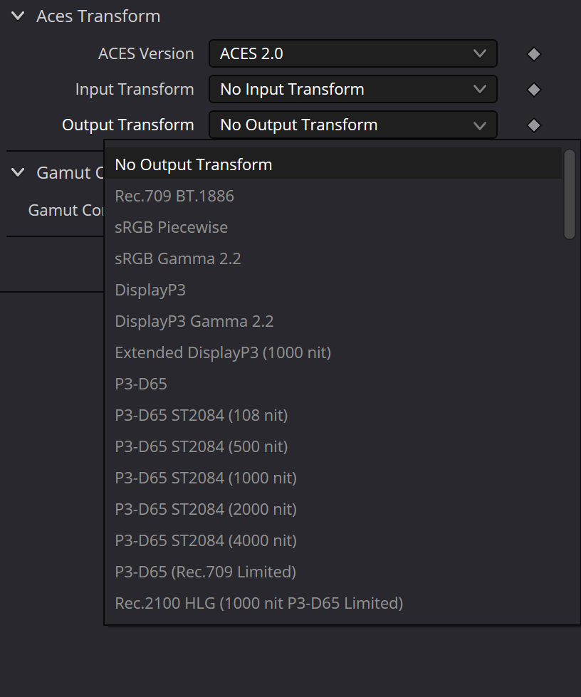 ACESTransform Output Transform menu with SDR, P3 and HDR targets