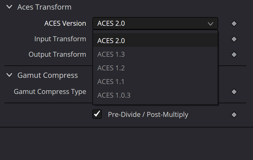 ACESTransform ACES Version menu with ACES 2.0, 1.3, 1.2, 1.1 and 1.0.3