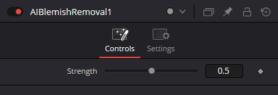 AI Blemish Removal Controls в DaVinci Resolve 21 с единственным специализированным параметром Strength = 0.5
