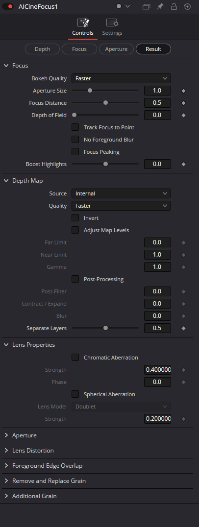 AI CineFocus Controls in DaVinci Resolve 21 with Focus, Depth Map and Lens Properties sections