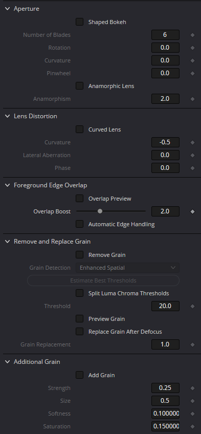 AI CineFocus Result controls with aperture, overlap and grain toolsets expanded