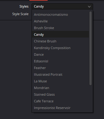 AI Stylize Styles dropdown with painterly presets including Candy, Brush Stroke, Dance and Illustrated Portrait