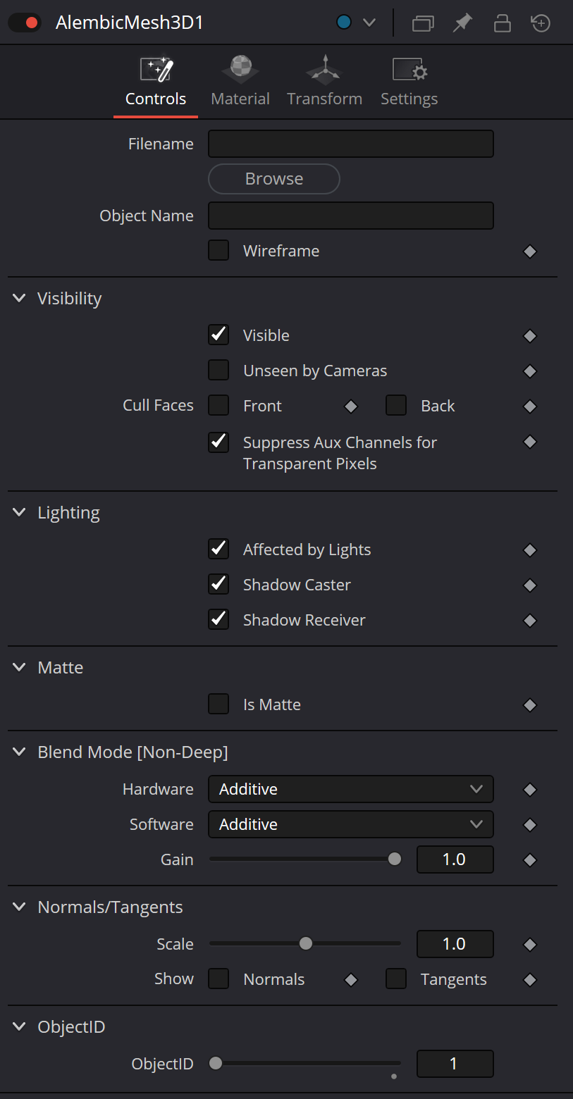 AlembicMesh3D Controls — Filename, Object Name, Wireframe and common 3D groups