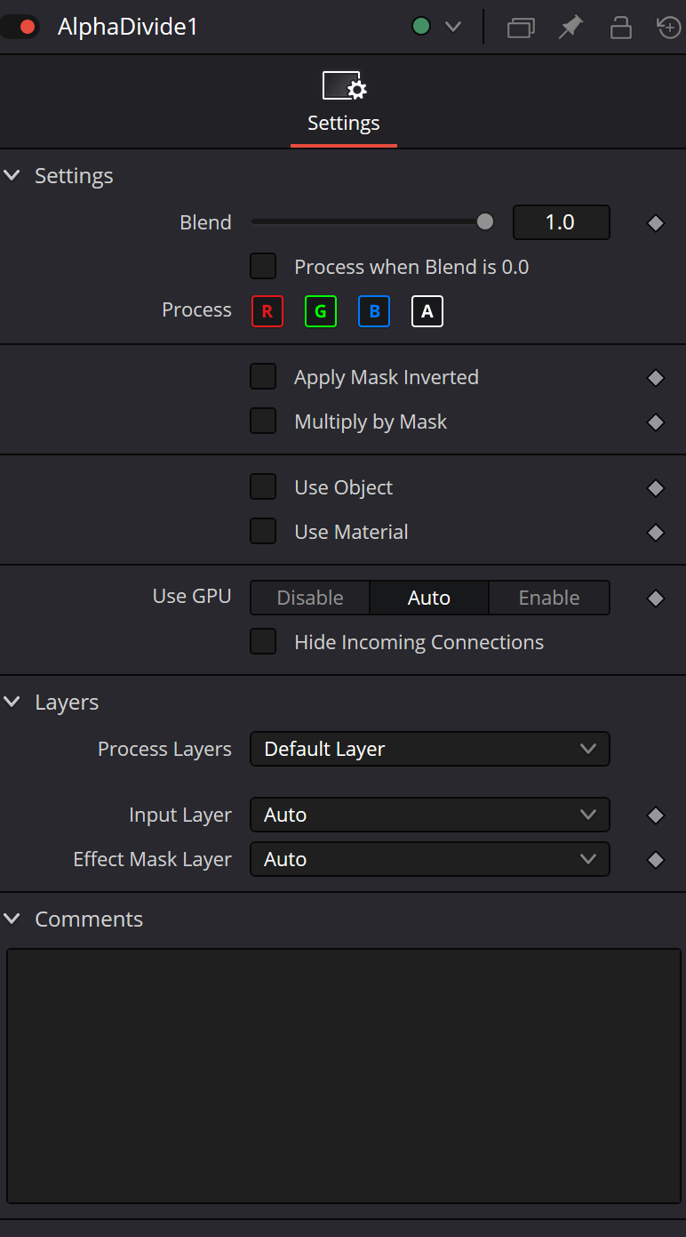 AlphaDivide Settings — Blend, channel processing, mask options, Object/Material filtering, GPU, Layers and Comments