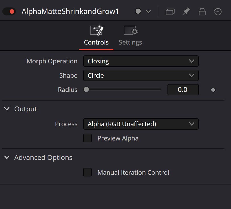 AlphaMatteShrinkandGrow Controls with Morph Operation, Shape, Radius, Output and Advanced Options