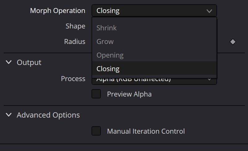 AlphaMatteShrinkandGrow Morph Operation menu: Shrink, Grow, Opening and Closing