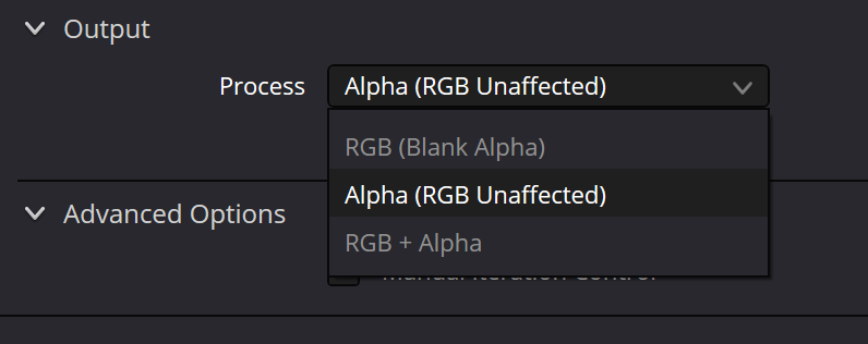 AlphaMatteShrinkandGrow Process menu: RGB Blank Alpha, Alpha RGB Unaffected and RGB plus Alpha