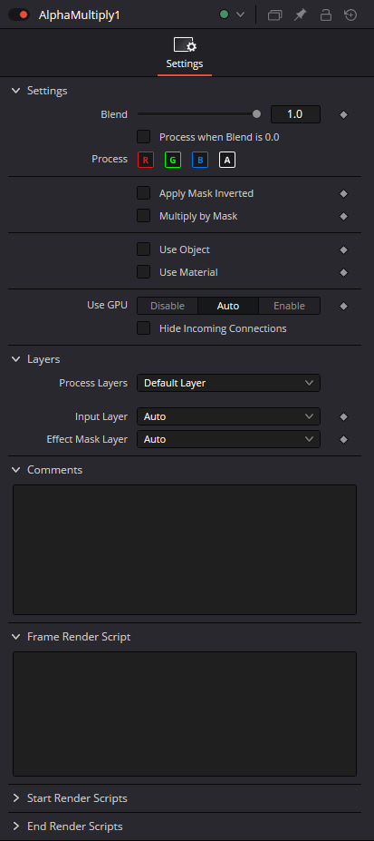 AlphaMultiply Settings — Blend, channel processing, mask options, Object/Material filtering, GPU, Layers and Comments