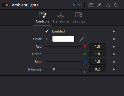 AmbientLight Controls: Enabled, Color RGB и Intensity