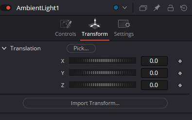 AmbientLight Transform: Translation Pick, X Y Z и Import Transform