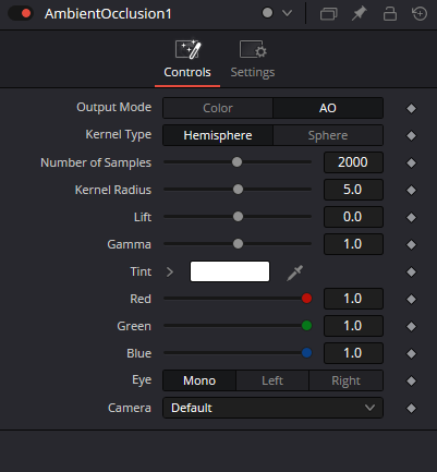 AmbientOcclusion Controls — Output Mode, Kernel Type, Samples, Radius, Lift/Gamma/Tint, Eye and Camera