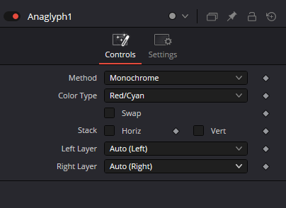 Anaglyph Controls — Method, Color Type, Swap, Stack Horiz/Vert, Left Layer and Right Layer