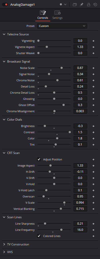 Analog Damage Controls — Preset, Telecine Source, Broadcast Signal, Color Dials, CRT Scan and Scan Lines
