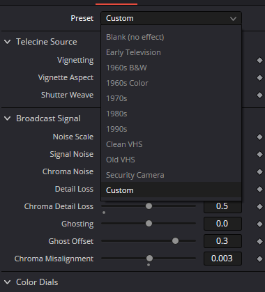 Analog Damage Preset menu — Blank, decade television looks, Clean VHS, Old VHS, Security Camera and Custom